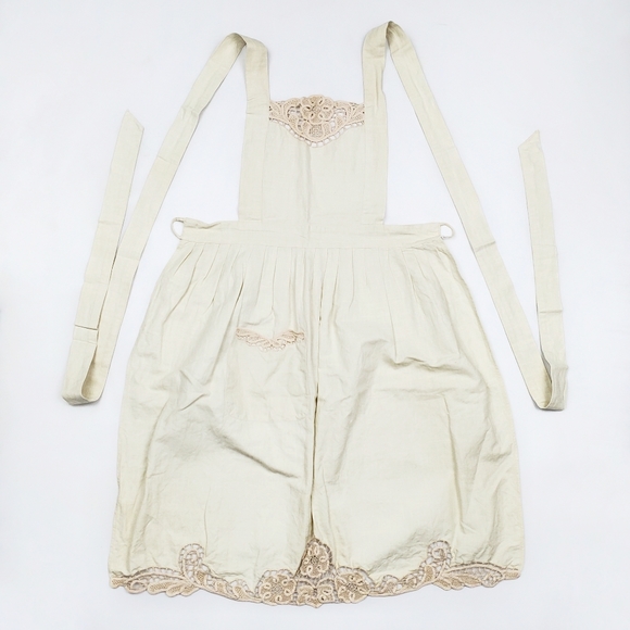 Vintage Accessories - Vintage Bib Full Apron Ecru Beige Crochet Lace Trim Thigh Length Mid Century